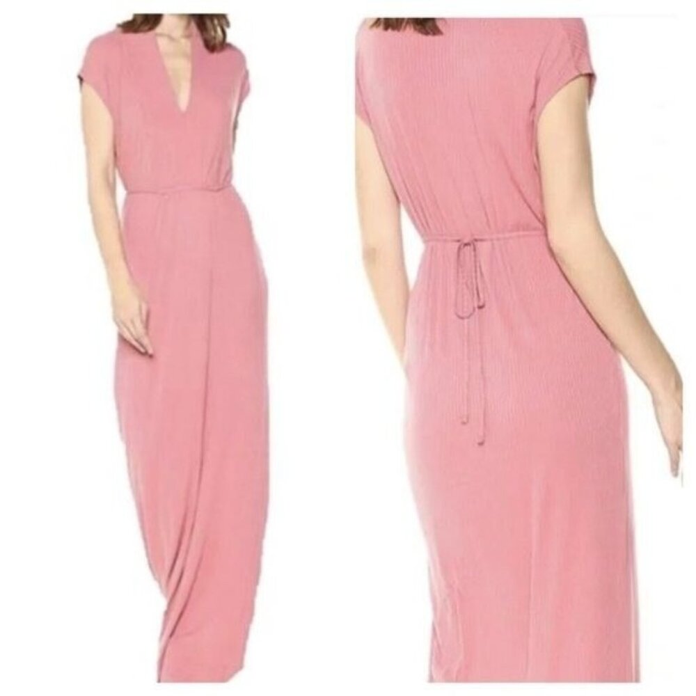 Lucky Brand Pink Ribbed Belted V-Neck Maxi Dress Womens sz S Soft Stretchy